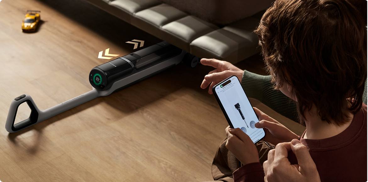 odkurzacz Dreame H15 Pro Heat sterowany za pomocą aplikacji wjeżdża pod meble